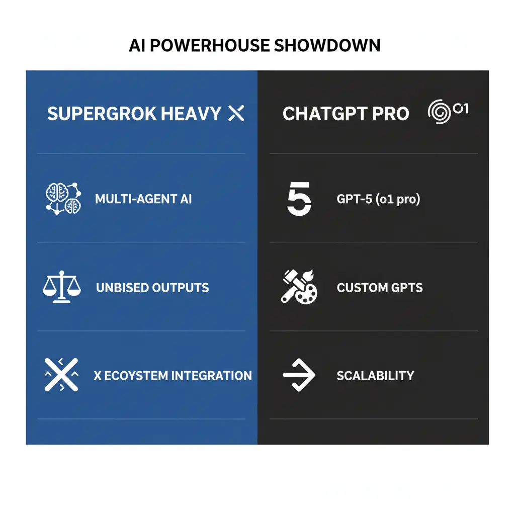 Infographic comparing SuperGrok Heavy and ChatGPT Pro features, models, tools, and strengths.