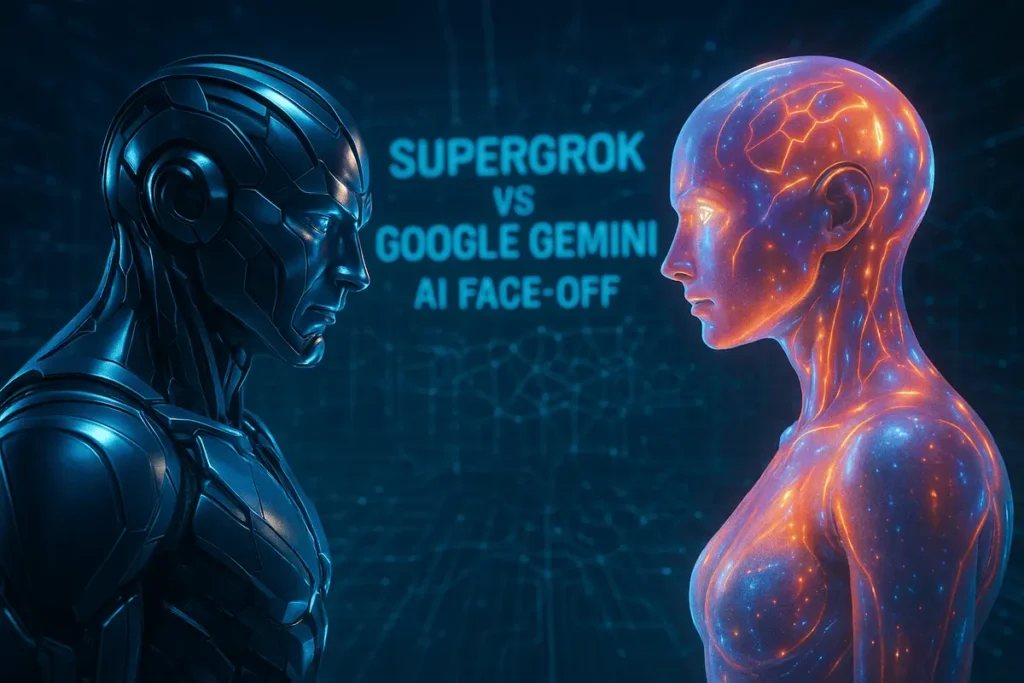 SuperGrok vs Google Gemini AI face-off illustration showing futuristic AI entities in a digital arena, SuperGrok in electric blue, Gemini in vibrant gradient colors.
