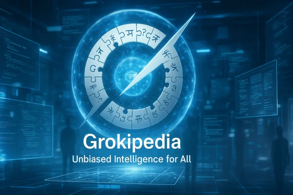 Key Principles of Grokipedia, AI-driven open knowledge and transparency concept with digital library and Grok logo.