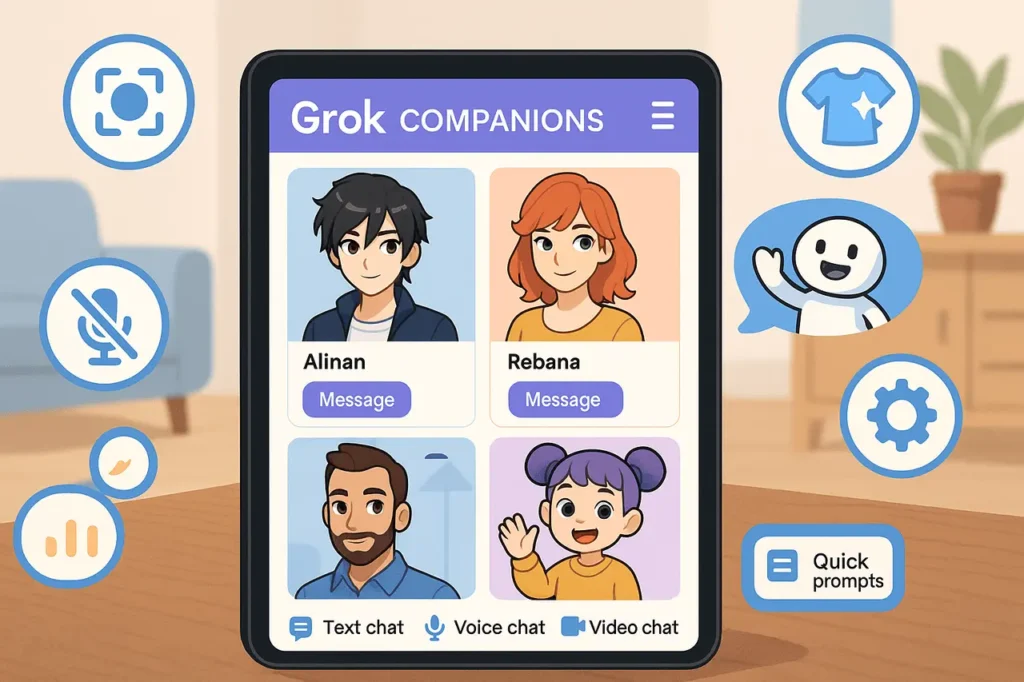 Grok Companions interface showcasing text chat, voice/video chat, and customisation options.