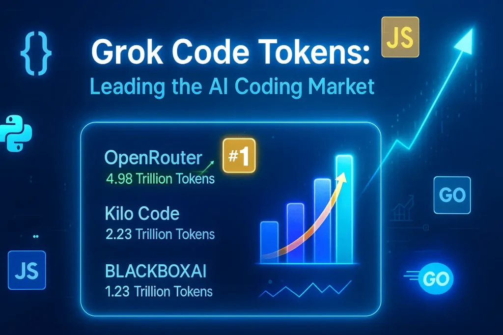Grok Code tokens leaderboard screenshot showing dominance in AI coding market across OpenRouter, Kilo Code, and BLACKBOXAI.