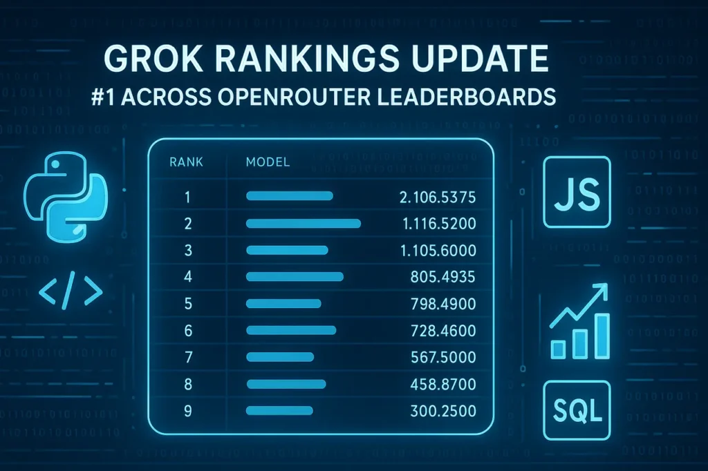 Grok Rankings Update showing AI leaderboard dominance and token usage statistics across OpenRouter.