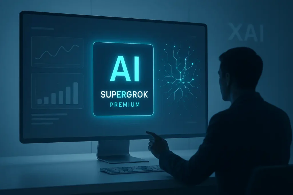 SuperGrok Premium AI interface showing advanced reasoning and xAI features in a futuristic workspace.