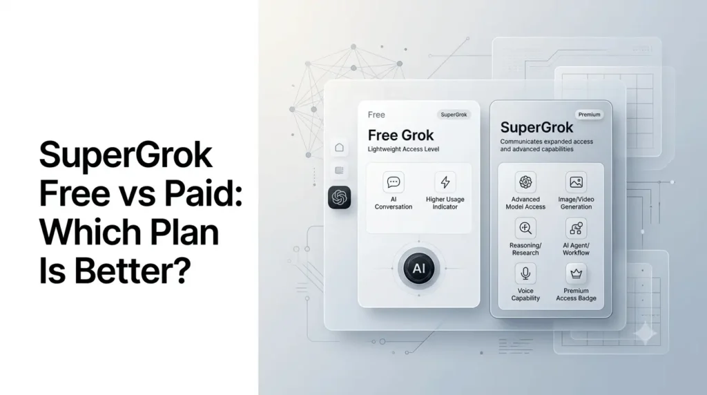 SuperGrok free vs paid comparison showing Grok subscription features and access levels.