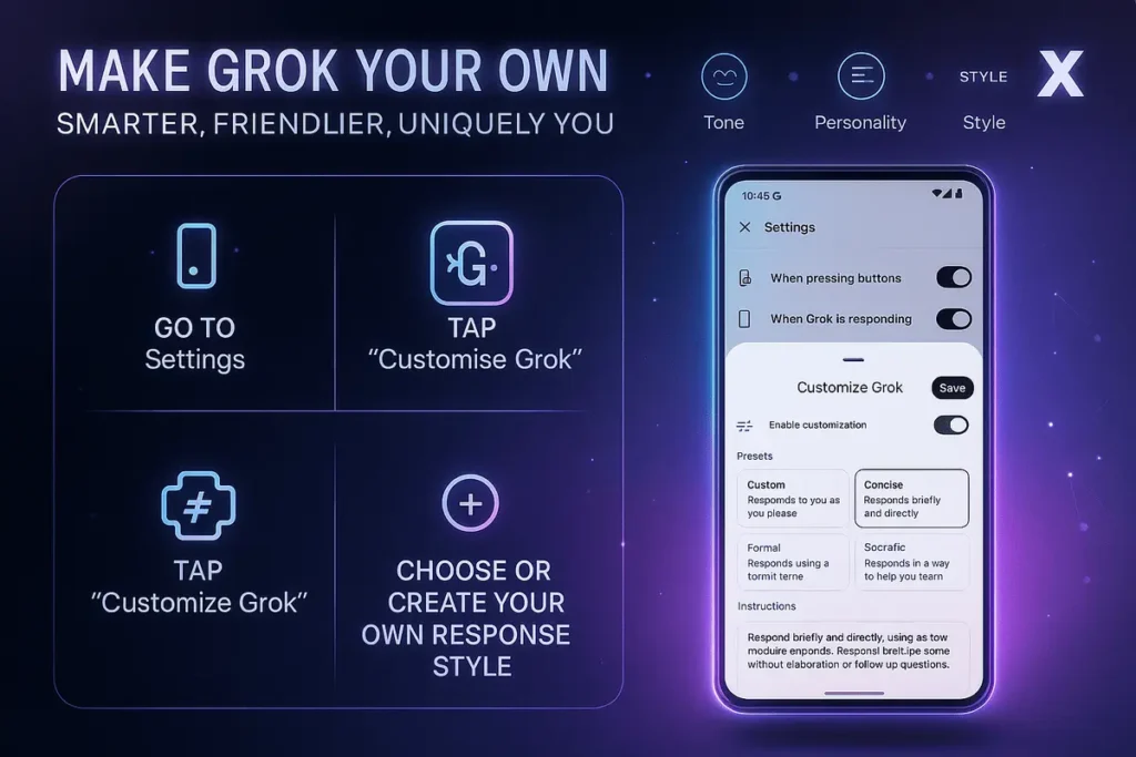 Grok customization infographic showing how to personalize AI responses in the Grok app with custom settings.