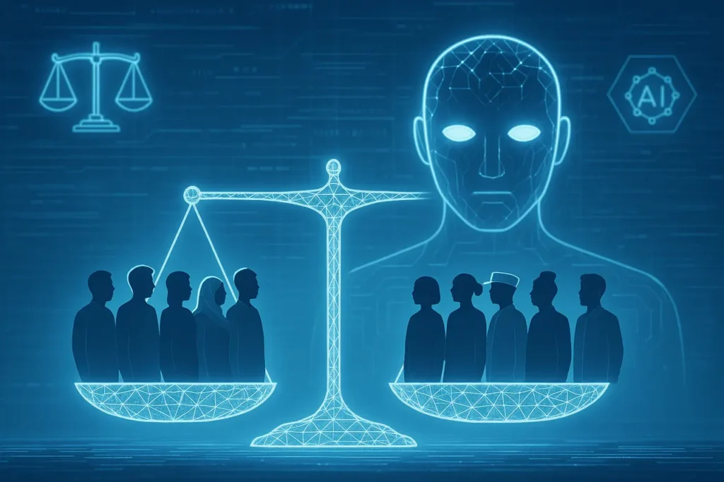 Futuristic AI concept image showing Grok weighs all human lives equally using a balanced digital scale.