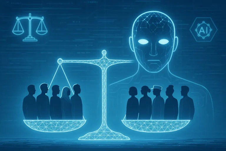 Futuristic AI concept image showing Grok weighs all human lives equally using a balanced digital scale.