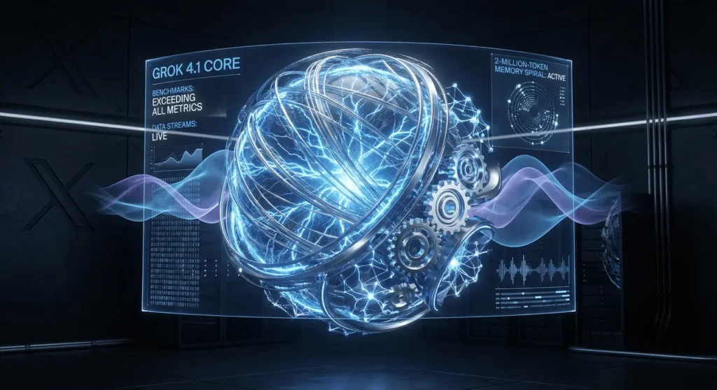 Futuristic AI core illustration representing Grok 4.1 with holographic data streams and neural networks.