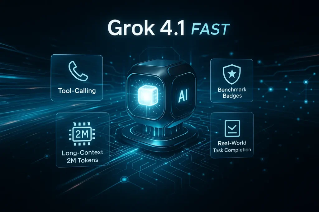 Illustration showcasing Grok 4.1 Fast with advanced AI core, tool-calling visuals, and long-context features.