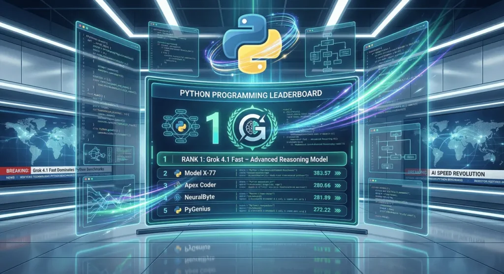 Feature image showing Grok 4.1 Fast leading Python programming benchmarks with futuristic AI visuals.
