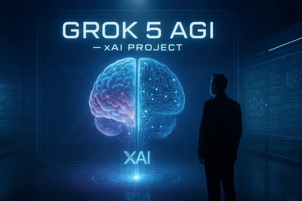 Grok 5 AGI by xAI visualized as the fusion of human logic and machine intelligence, with Elon Musk overseeing a glowing neural brain representing the rise of Artificial General Intelligence.