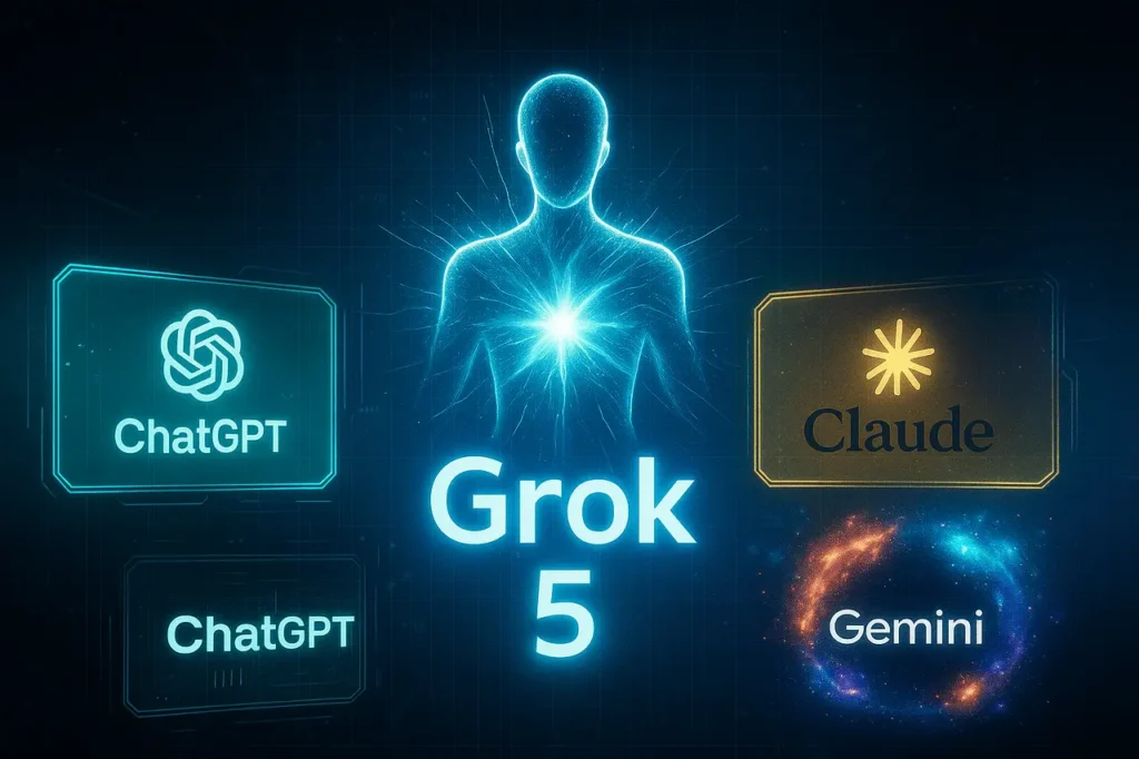 Grok 5 vs other chatbots illustrated in a futuristic comparison graphic featuring ChatGPT, Claude, and Gemini.