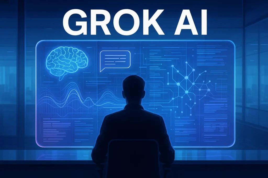 Futuristic digital interface representing Grok AI with holographic data and a truth-seeking AI system.