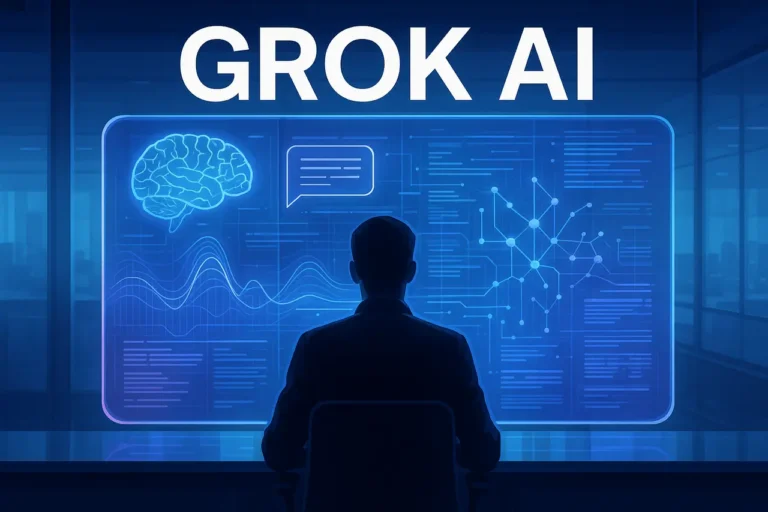 Futuristic digital interface representing Grok AI with holographic data and a truth-seeking AI system.