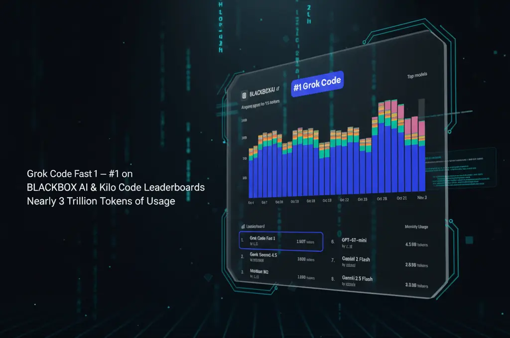 Grok Code Fast 1 leaderboard ranking #1 on BLACKBOX AI and Kilo Code, approaching 3 trillion tokens of AI coding usage.