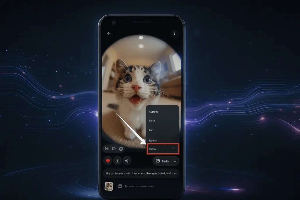 Feature image showing Grok Imagine Remix feature interface on a smartphone, using the attached Grok UI, illustrating an image being animated into a short video with futuristic AI visual effects.