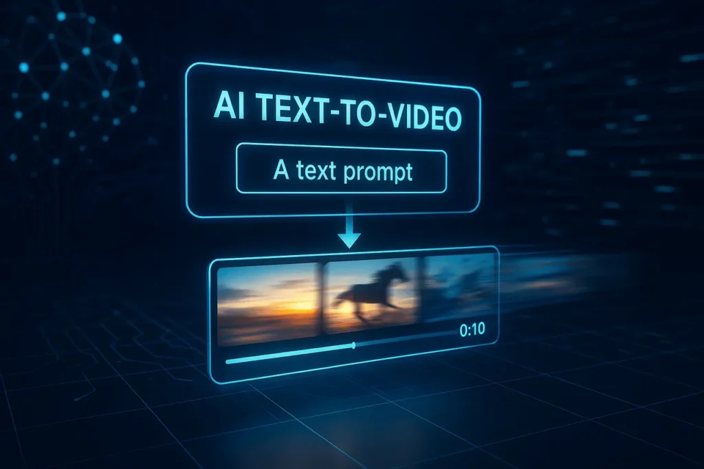 AI interface visualizing Grok Imagine text to video feature with holographic text transforming into video frames.