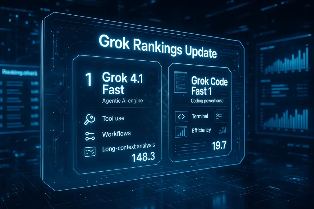 Grok Rankings Update showing holographic AI leaderboards comparing Grok 4.1 Fast and Grok Code Fast 1 performance benchmarks.