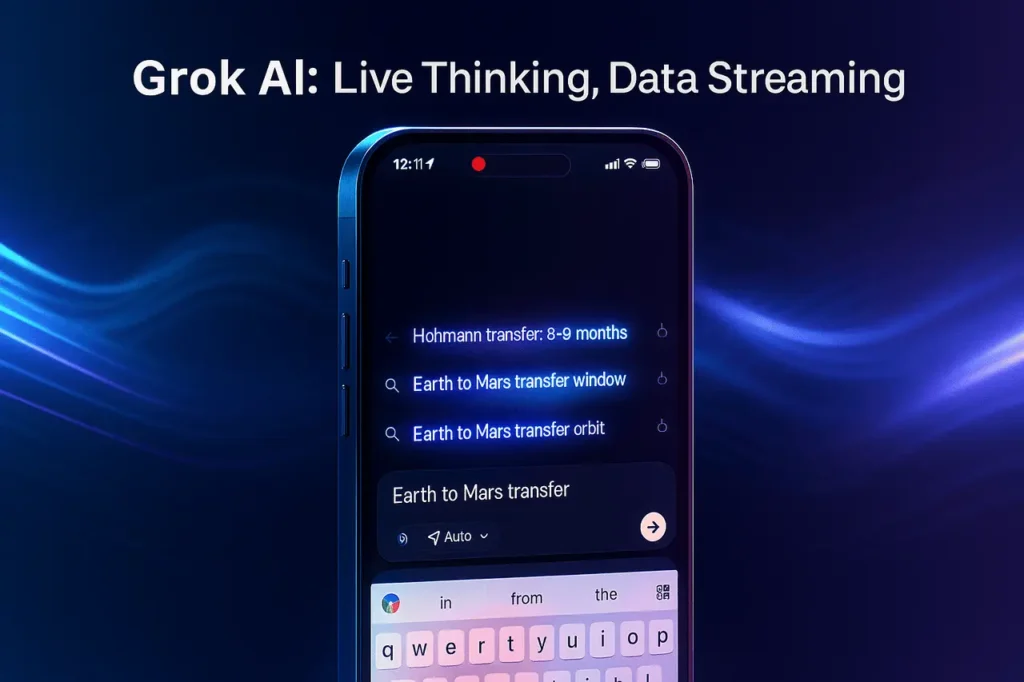 Screenshot-inspired illustration of Grok AI real time search interface on a smartphone, displaying live suggestions in dark mode with glowing highlights.