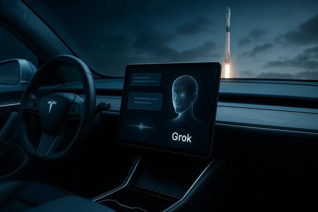 Grok Tesla SpaceX Support AI assistant interface inside a Tesla vehicle.