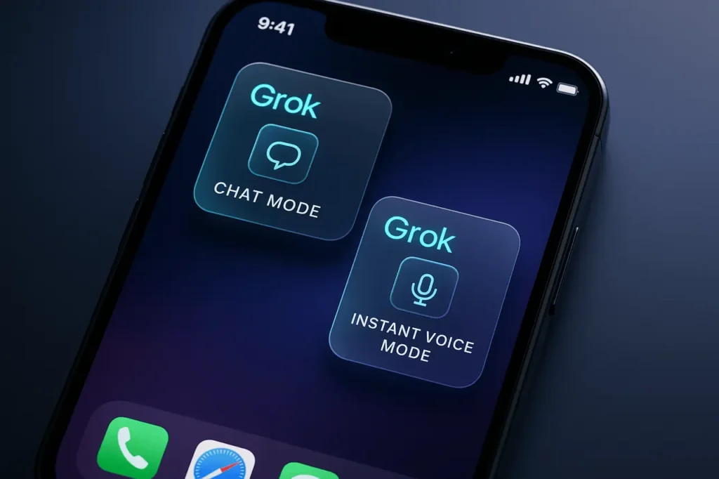 Smartphone home screen displaying two Grok Widget options for chat and instant voice mode.
