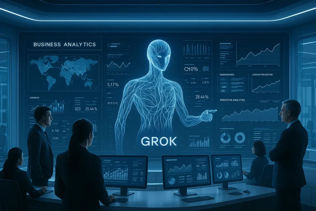 Feature image showing how Grok AI helps with business analytics using holographic data, real-time insights, and predictive analytics dashboards.