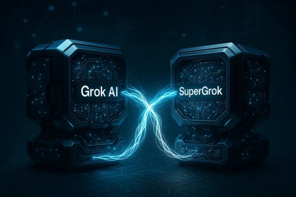How to Connect Grok AI with SuperGrok, futuristic digital illustration showing two AI systems linked by glowing data streams, symbolizing AI integration and upgrade.