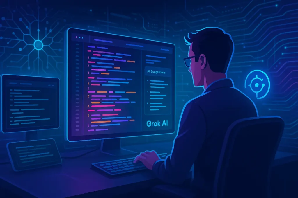 Futuristic illustration of Grok AI assisting a developer with coding on multiple screens, showcasing AI-driven programming and innovation.