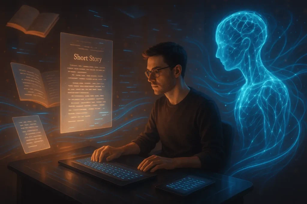 Writer using Grok AI for creative writing at a futuristic workspace with holographic story elements and AI assistant.