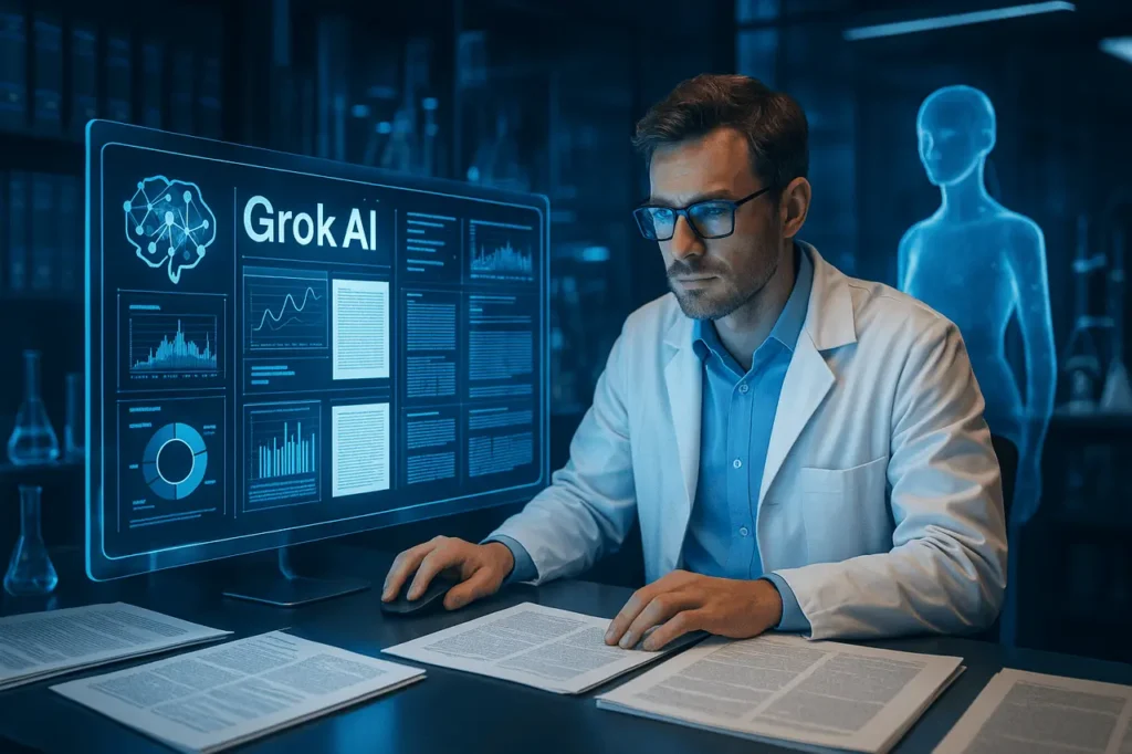 Researcher using Grok AI for research and data analysis in a futuristic academic workspace.