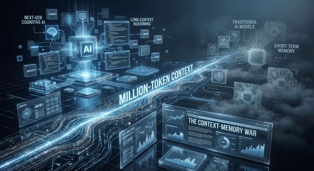 Futuristic illustration of the context memory war showing long-context AI systems, data streams, and advanced reasoning architectures.