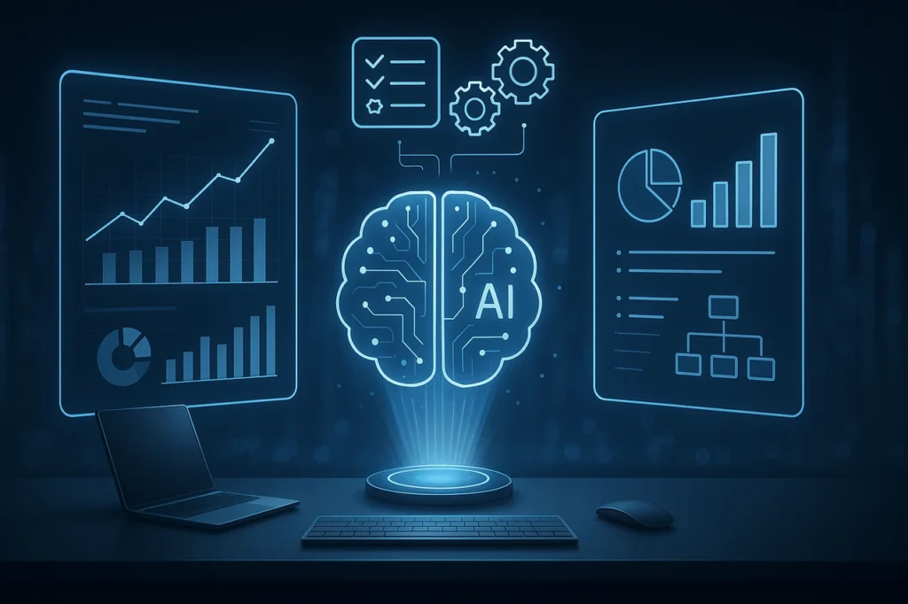 Futuristic workspace showing Grok AI Productivity with holographic task dashboards and automation icons.