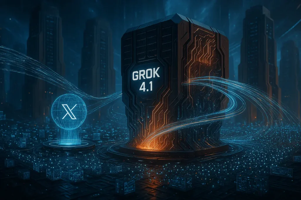 Grok 4.1 context-memory architecture inside xAI’s futuristic AI command center with real-time data streams and GPU megacenter infrastructure.