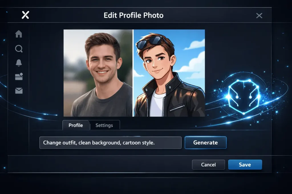Edit X profile image with Grok AI using prompt-based avatar and background customization.
