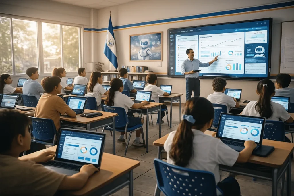 El Salvador AI education initiative showing Grok AI tutoring in public school classrooms with students and teachers using AI-powered learning tools.