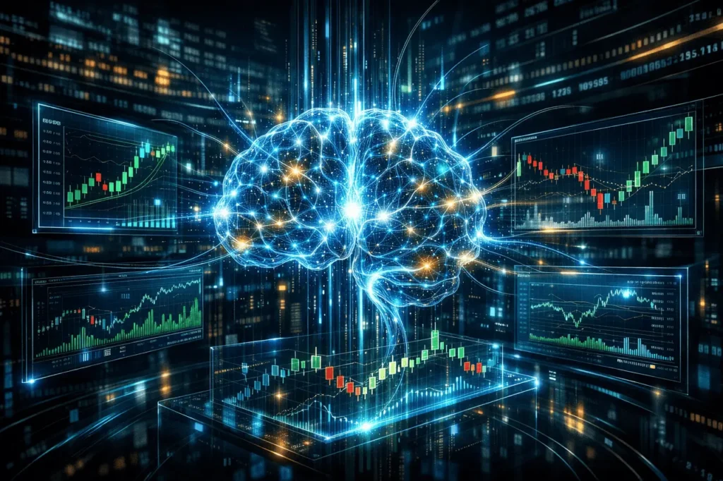 Grok 4.20 AI trading system visualising real-time stock market analysis and algorithmic trading performance.
