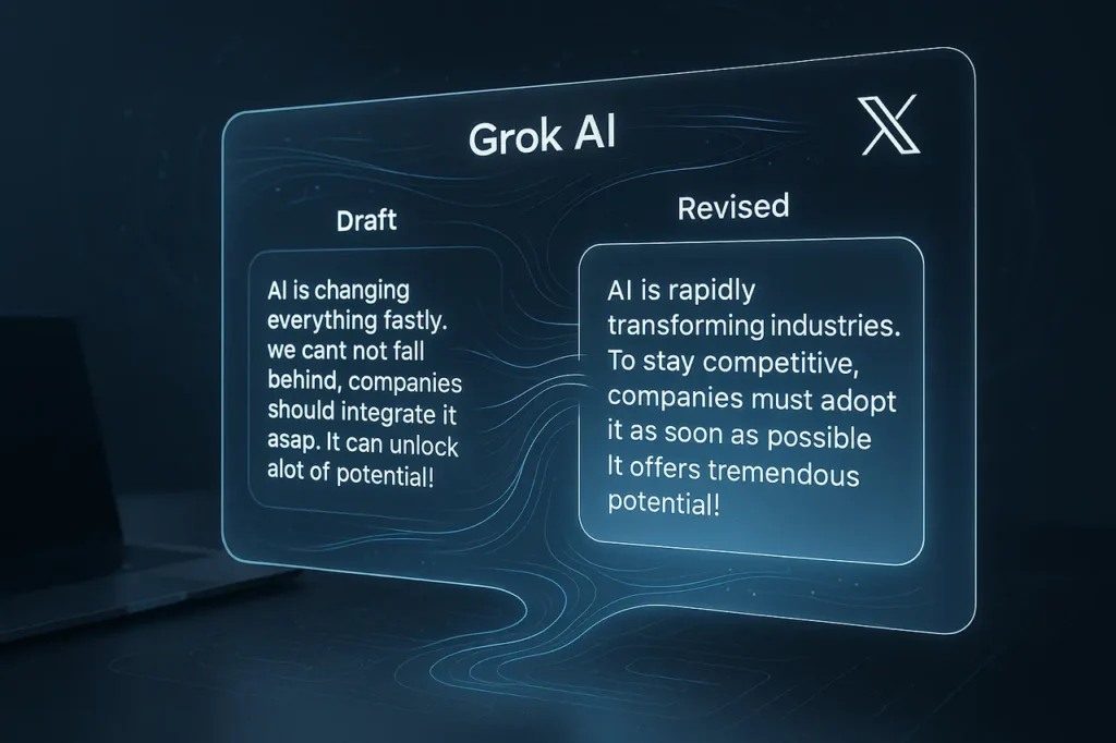 Grok AI refining and rewriting an X social media draft through a futuristic holographic editing interface.