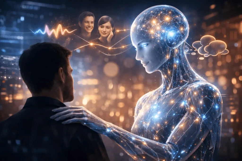 Grok AI visualizing a psychologically advanced, empathetic artificial intelligence with human-like emotional understanding and intelligence.