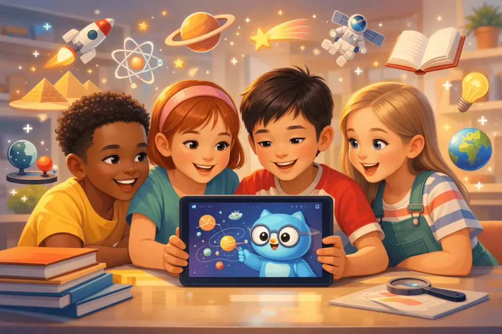Grok app Good Rudi mode feature image showing children learning science, history, and space through a friendly AI educational assistant.