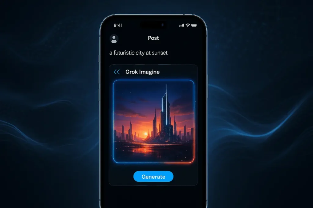 Grok Imagine integrated into X iOS post composer showing AI image generation on an iPhone.
