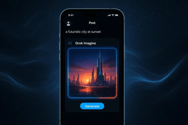 Grok Imagine integrated into X iOS post composer showing AI image generation on an iPhone.