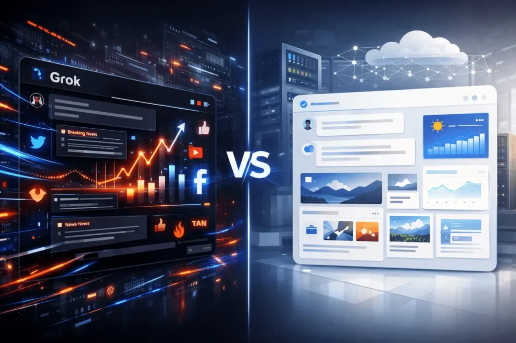 Grok vs Gemini AI comparison showing Grok’s real-time data integration and Gemini’s structured AI interface.