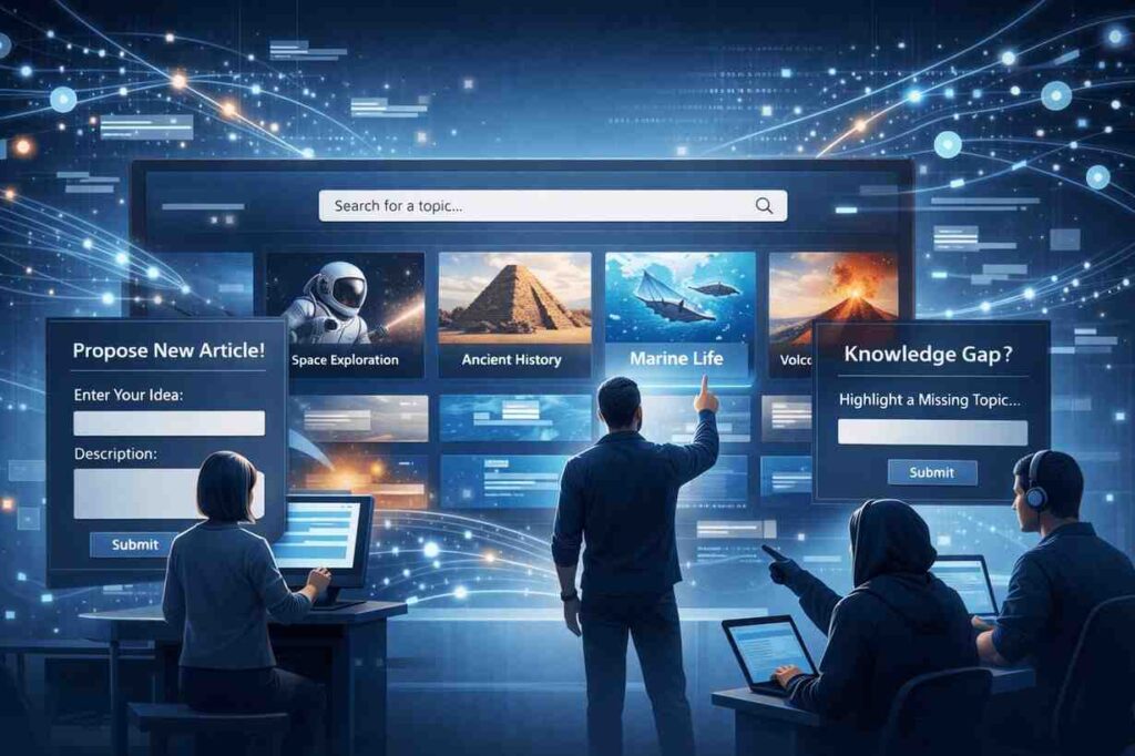 Grokipedia user-suggested articles feature showing users proposing new topics on an AI-powered encyclopaedia platform.