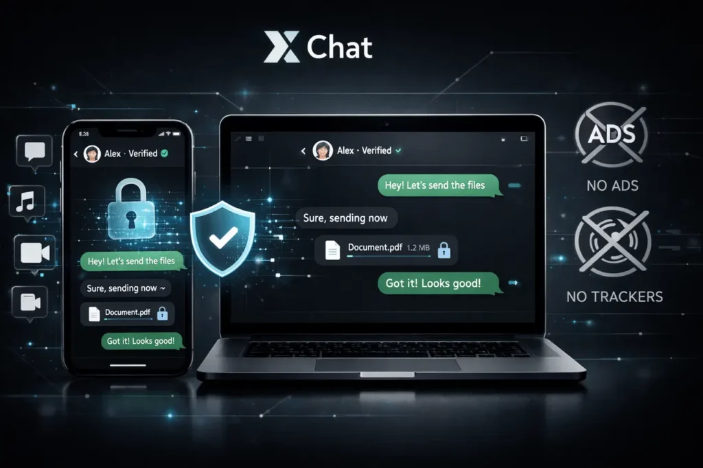 X Chat encrypted messaging platform with ad-free private text, file sharing, and secure audio and video calls.