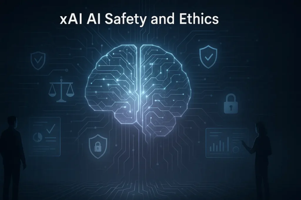 xAI AI Safety and Ethics concept image showing responsible artificial intelligence governance, ethical oversight, and secure AI development framework
