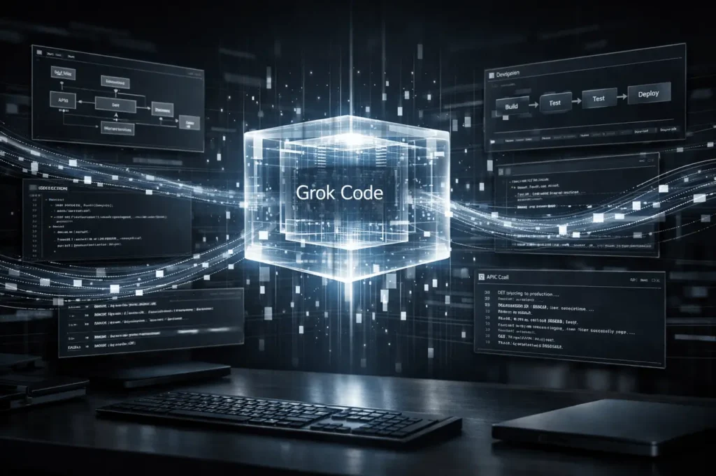 Grok Code AI coding model visual showing agentic workflows, architecture planning, debugging, and orchestration in one system.