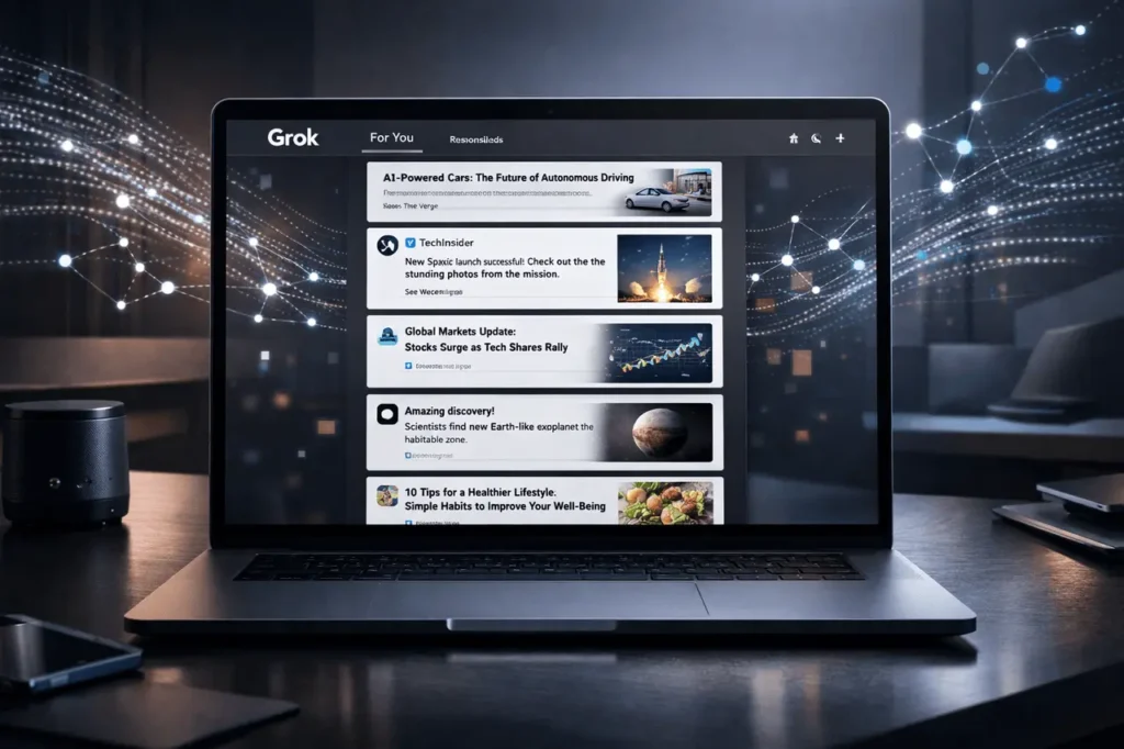 Grok personalized news feed showing an AI-powered infinite “For You” news stream on Grok web with real-time summaries, images, and X post embeds.