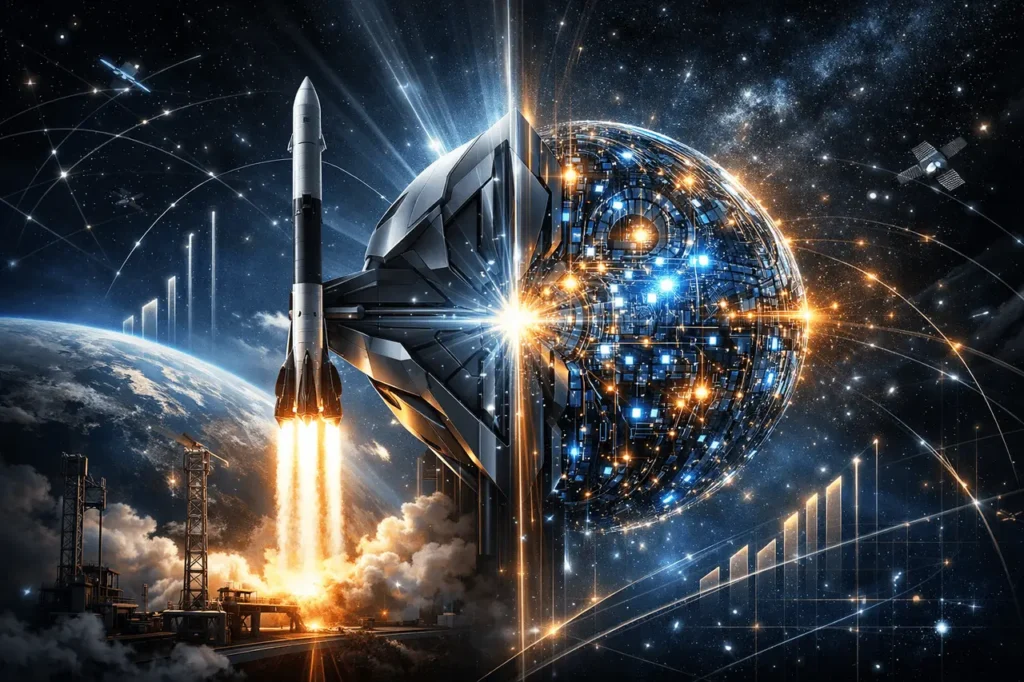 SpaceX xAI merger concept illustration showing AI integration with space infrastructure and trillion-dollar valuation potential.