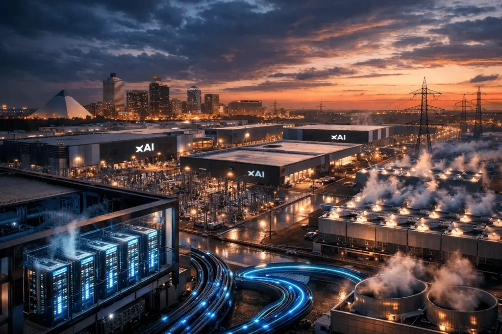 xAI Memphis data center showcasing large-scale AI supercomputing infrastructure with GPU clusters, power systems, and cooling facilities.