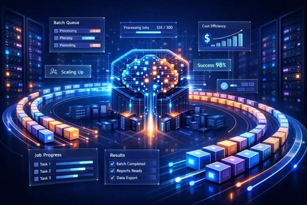 Grok Batch API illustration showing asynchronous AI batch processing with scalable data pipelines and high-volume request handling.